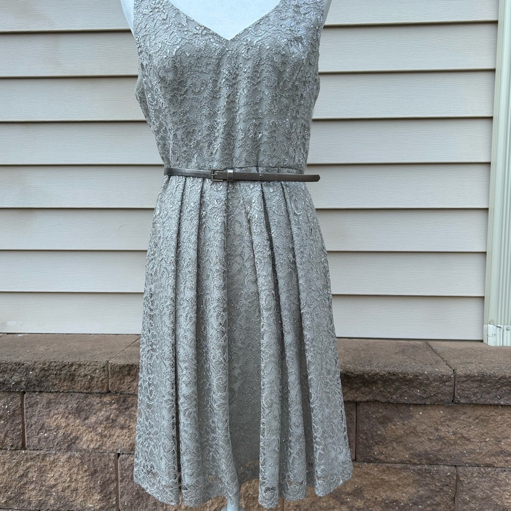 Donna Morgan Silver Lace Midi Dress